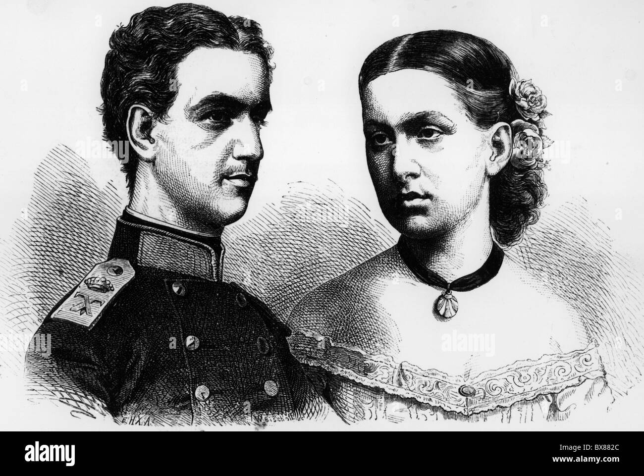 George I, 24.12.1845 - 18.3.1913, King of Greece 30.3.1863 - 18.3.1913, with wife Queen Olga, portrait, wood engraving after drawing by Kriehuber, circa 1870, , Stock Photo