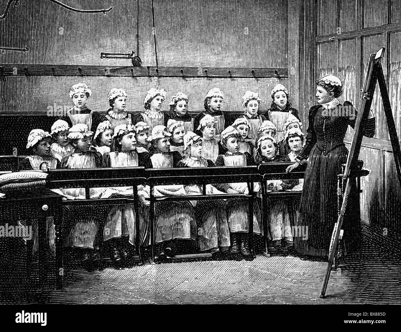 household, housekeeping school, instruction of future housemaids, theoretical education, wood engraving, 1895, Additional-Rights-Clearences-Not Available Stock Photo