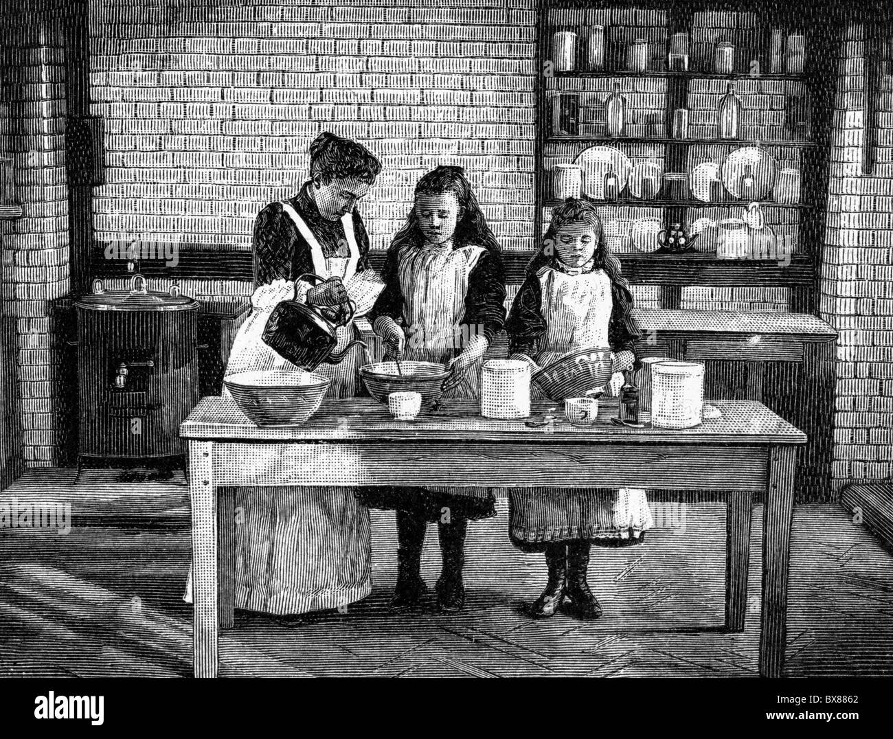 household, housekeeping school, instruction of future housemaids, practical education, making starch, wood engraving, 1895, Additional-Rights-Clearences-Not Available Stock Photo