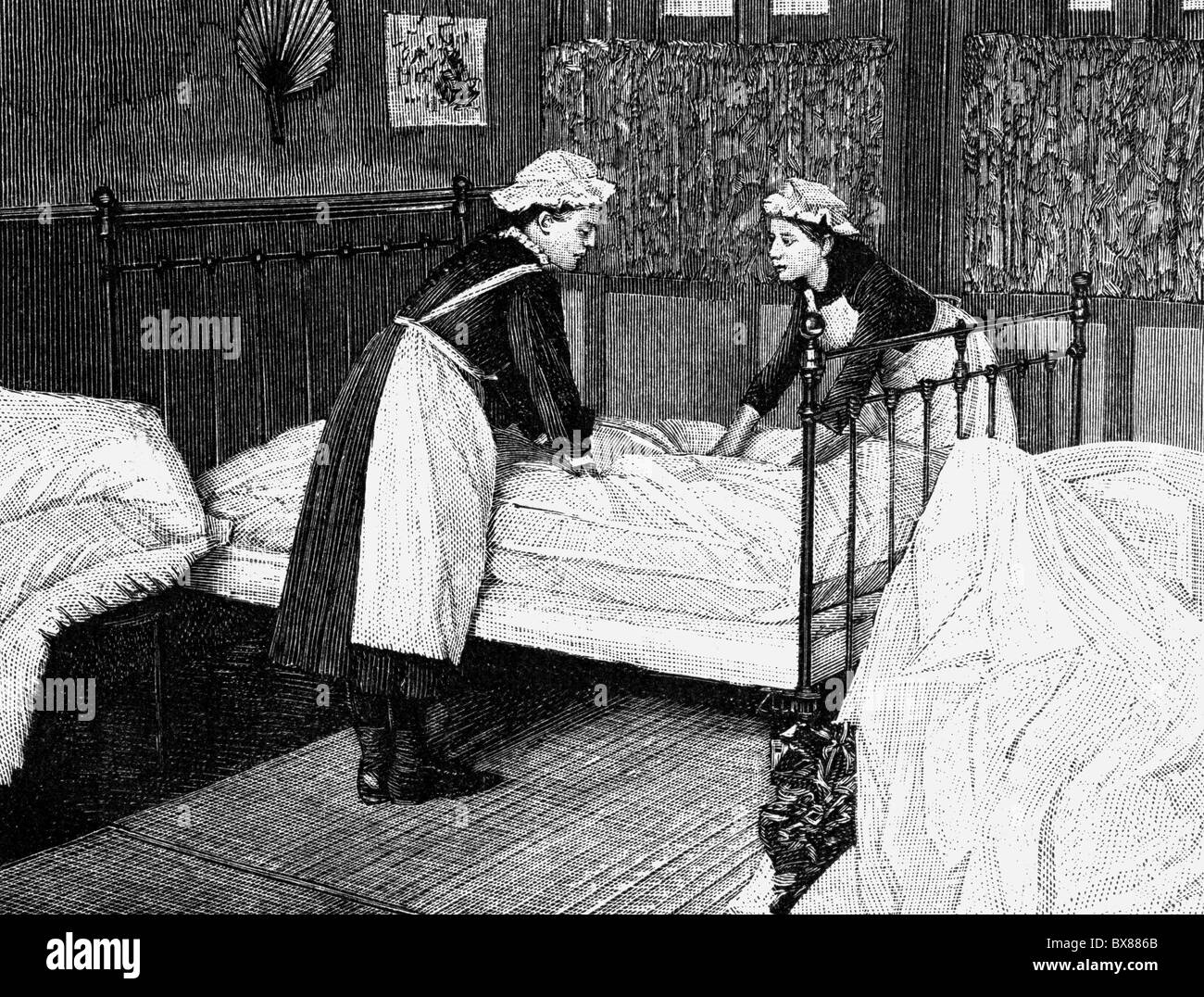 household, housekeeping school, instruction of future housemaids, practical education, making a bed, wood engraving, 1895, Additional-Rights-Clearences-Not Available Stock Photo