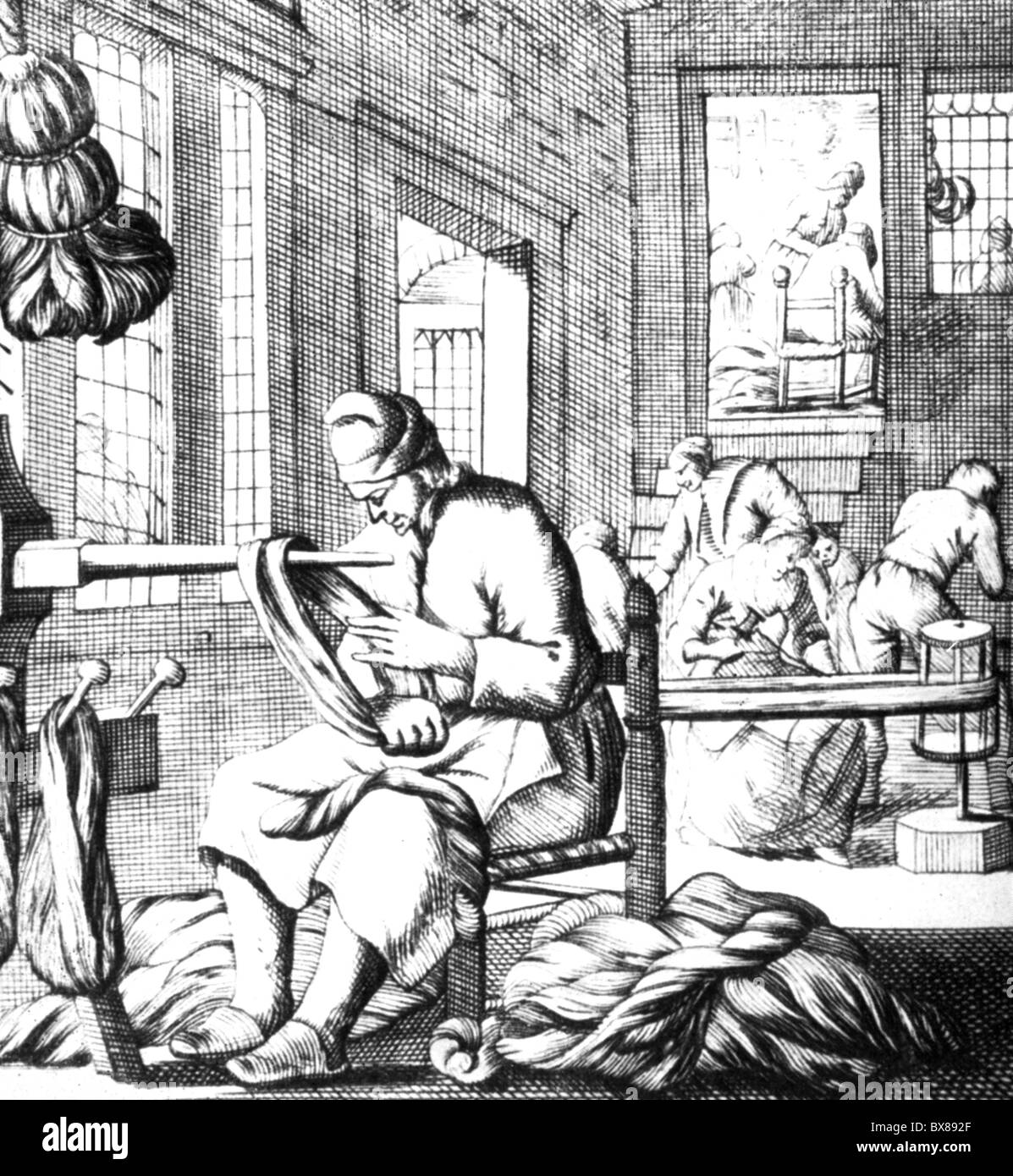 industry, textile industry, silk, grafting silk yarn, copper engraving, circa 1640, Artist's Copyright has not to be cleared Stock Photo