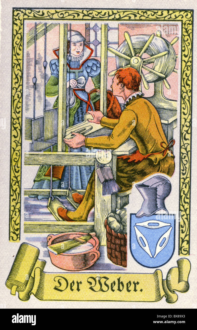 people, professions, weaver, circa 1575, colour print, cigarette card, Tengelmann, Muehlheim/Ruhr, 1934, , Additional-Rights-Clearences-Not Available Stock Photo