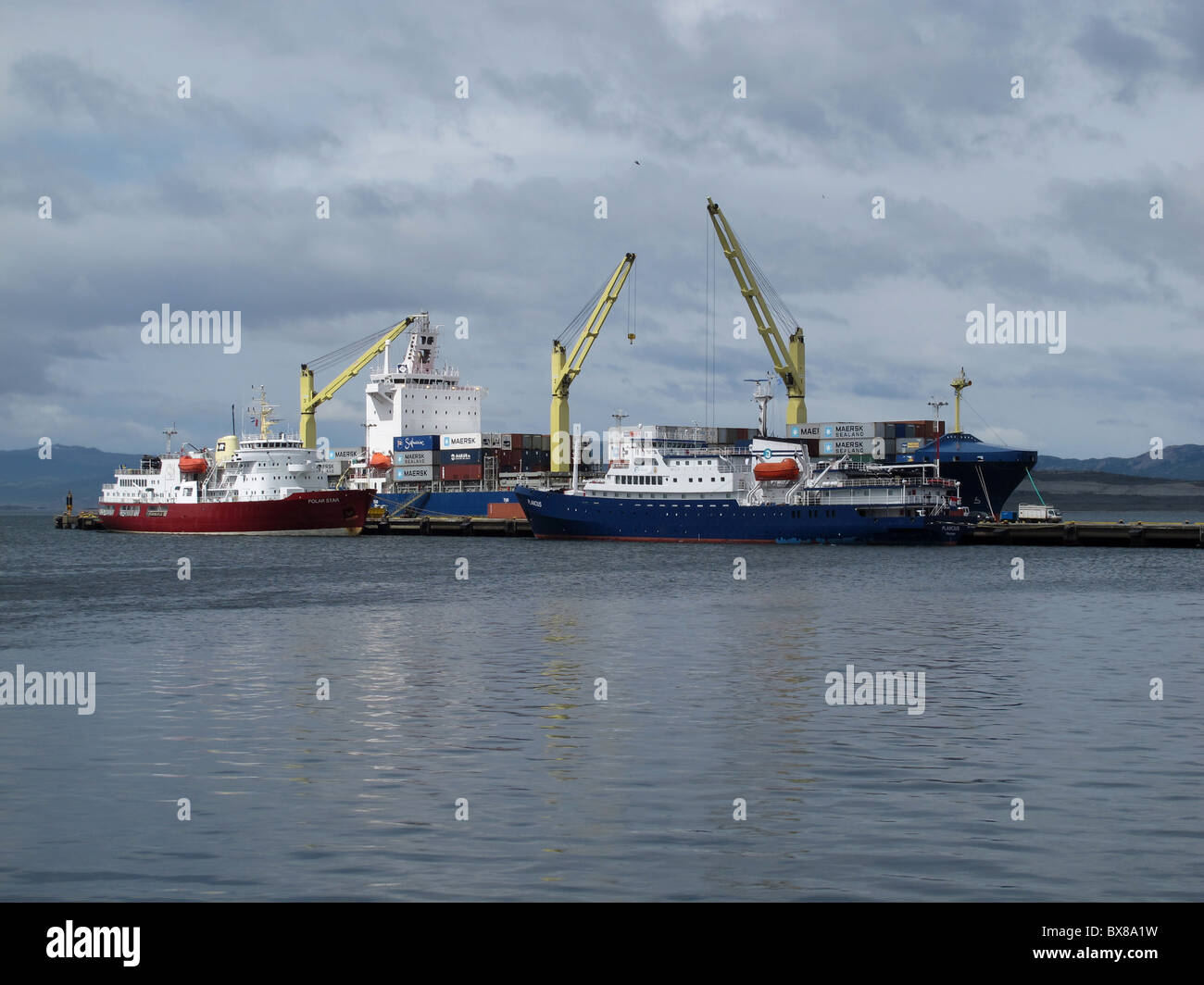 Passenger Ships 'Plancius', 'Polar Star' and a cargo ship at the pier, Ushuaia, Tierra del Fuego, Argentina Stock Photo