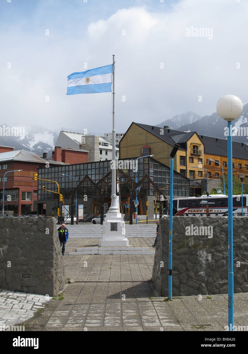 Place at the entrance to the port with Argentinian flag, Hotel Albatros, Ushuaia, Tierra del Fuego, Argentina Stock Photo