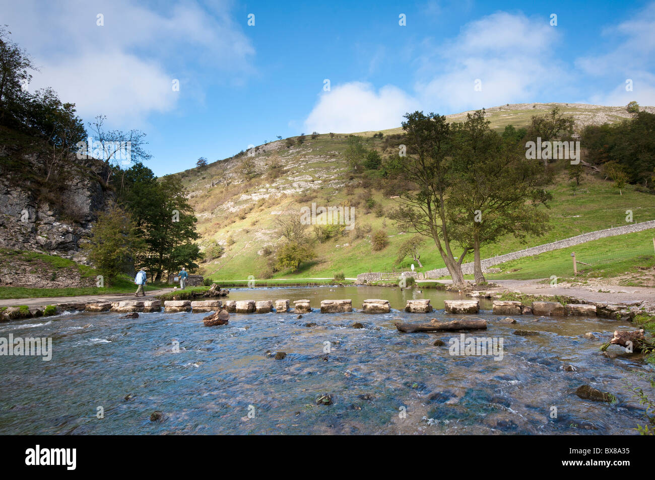 Dovedale in the Peak District with the stepping stones shown that are used for crossing the River Dove. Dovedale is a very popular area for visitors. Stock Photo