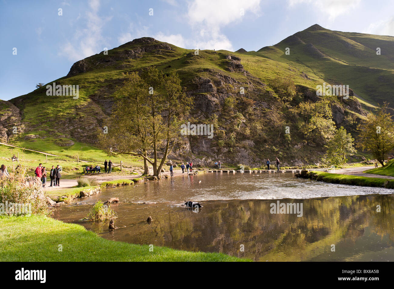 Dovedale in the Peak District, Derbyshire, England is a wonderful area for walking. The well known stepping stones are shown. Stock Photo