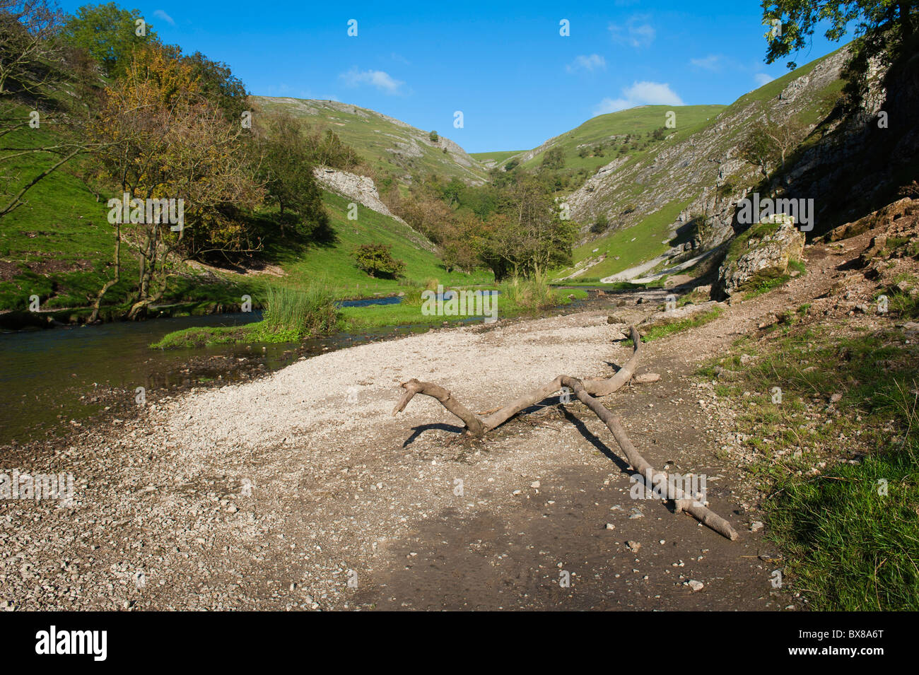 Dovedale in the Peak District, Derbyshire, England is a wonderful area for walking. The River Dove runs through this dale and it has some trout fish. Stock Photo
