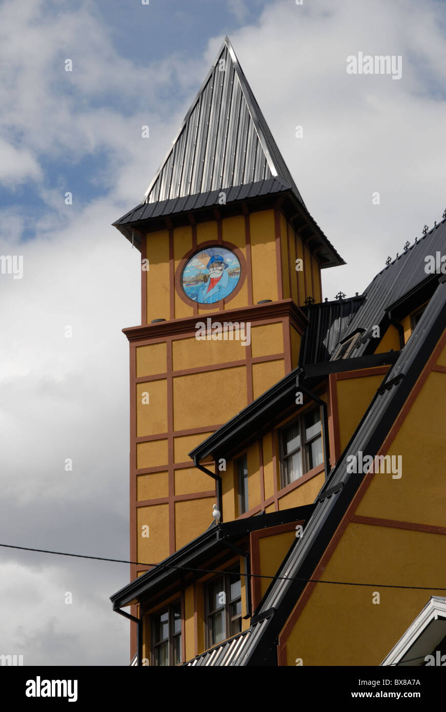 Colorful window of the clock tower and bank building, Ushuaia, Tierra del Fuego, Argentina Stock Photo