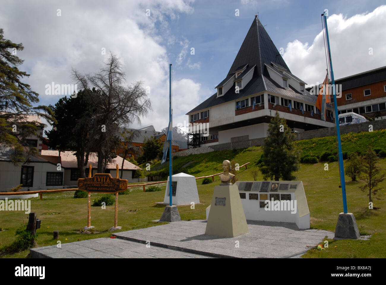 Evita memorial in from of the city hall, Ushuaia, Tierra del Fuego, Argentina Stock Photo