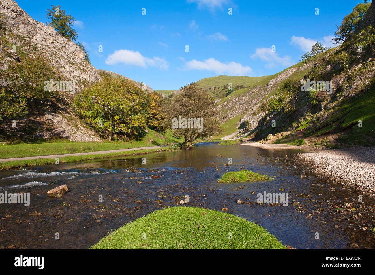 Dovedale in the Peak District, Derbyshire, England is a wonderful area for walking. Trout fish can be found in the river. Stock Photo