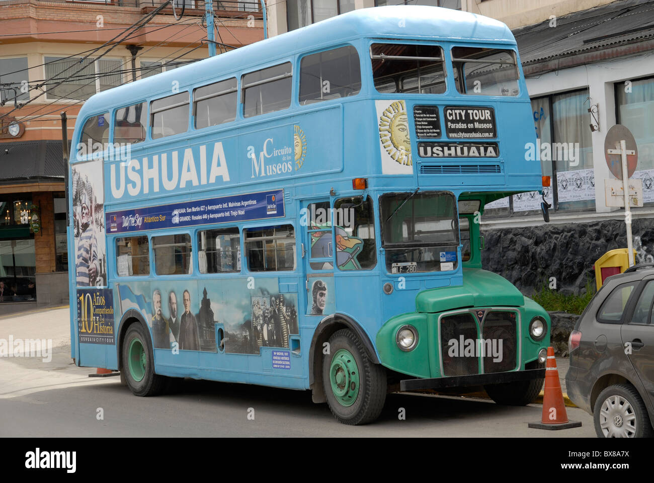 Old London double decker bus now used as sightseeing bus in Ushuaia, Tierra del Fuego, Argentina Stock Photo