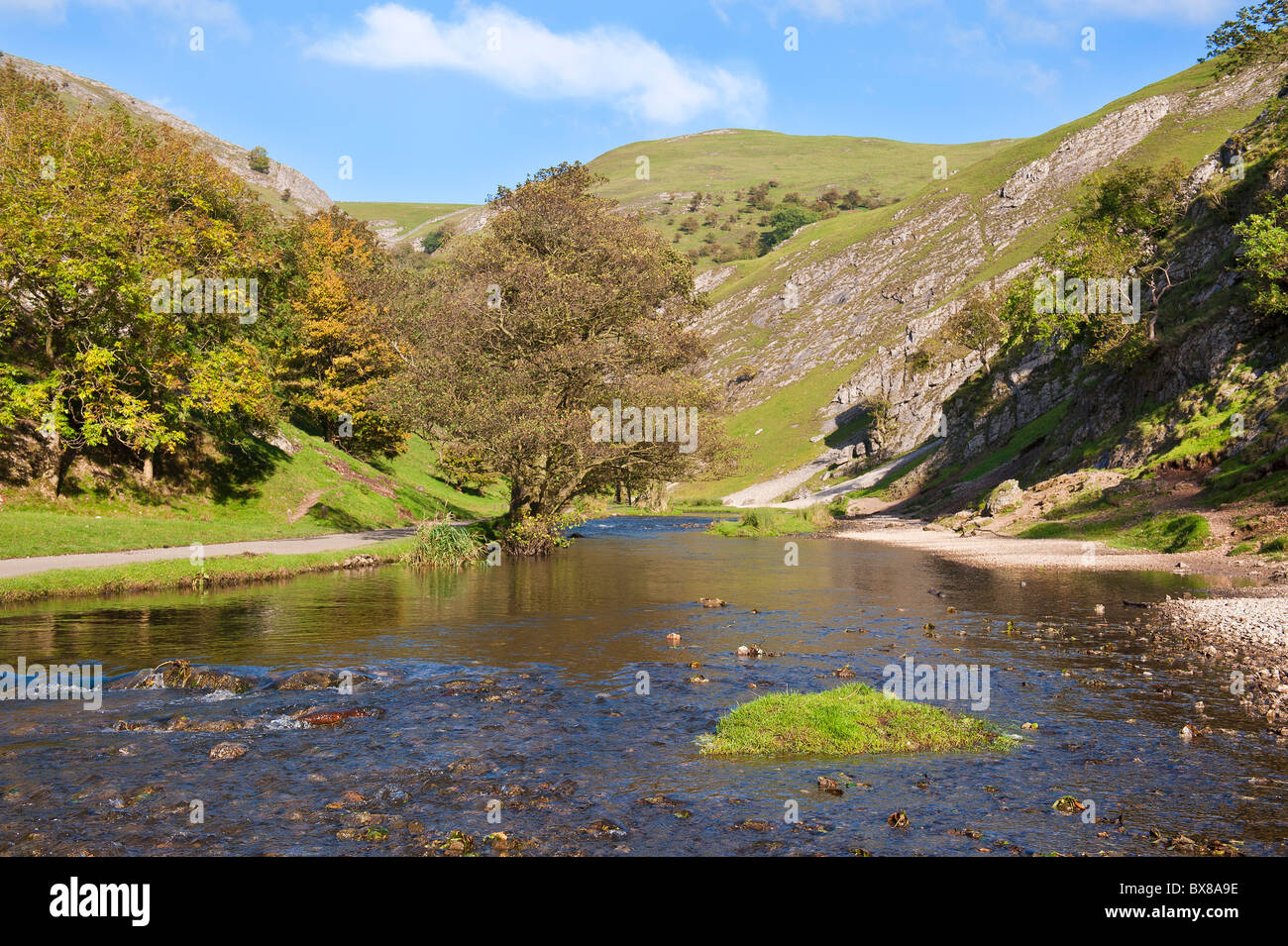 Dovedale in the Peak District, Derbyshire, England is a wonderful area for walking. Trout fish can be caught in the river. Stock Photo