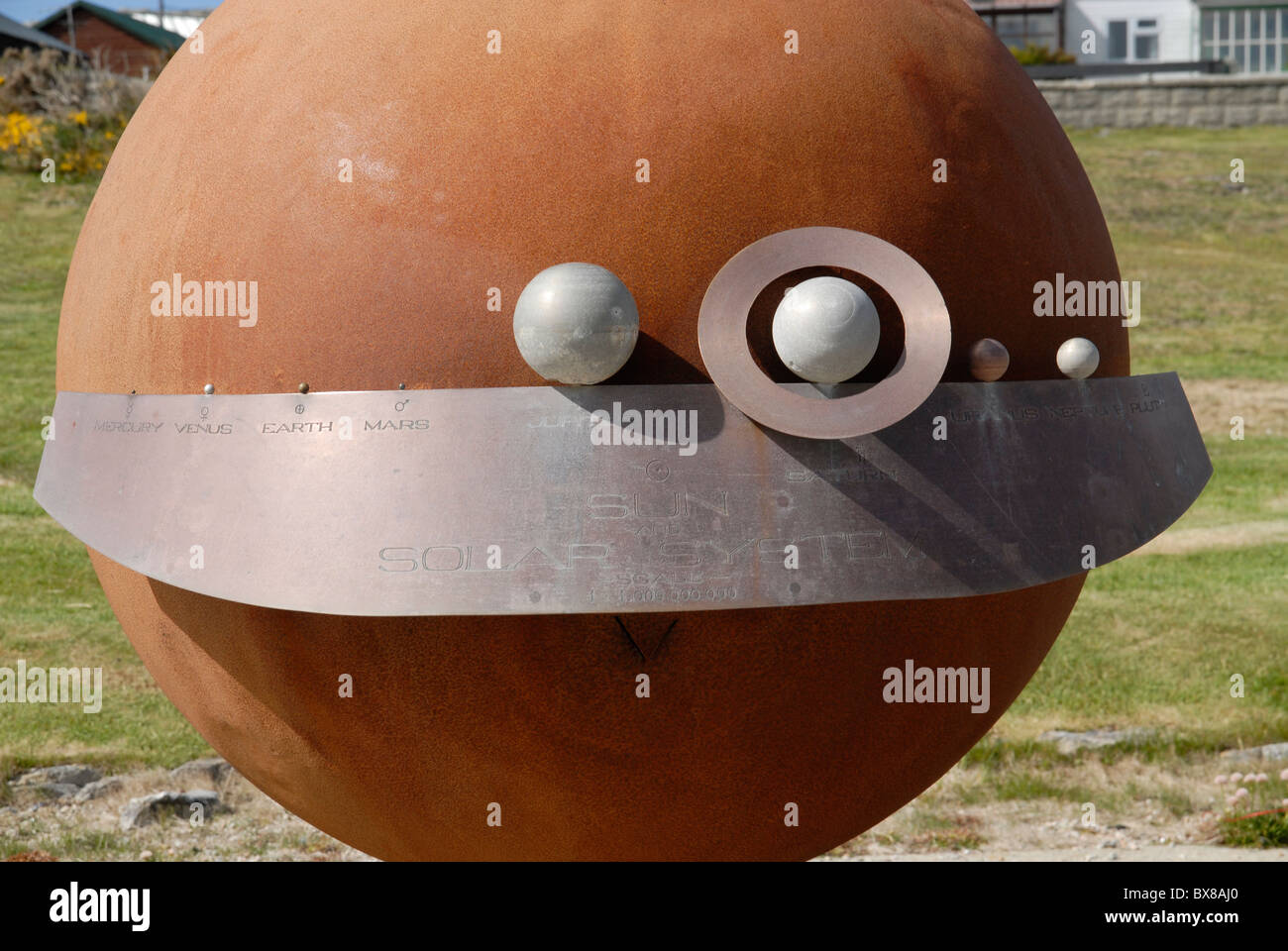 A model of the Sun and the Planets (scaled sizes), Solar System walk, Port Stanley, Falkland Islands Stock Photo