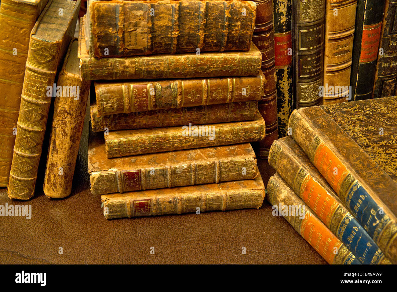 Bücher in altem Ledereinband; Books in old binding Stock Photo