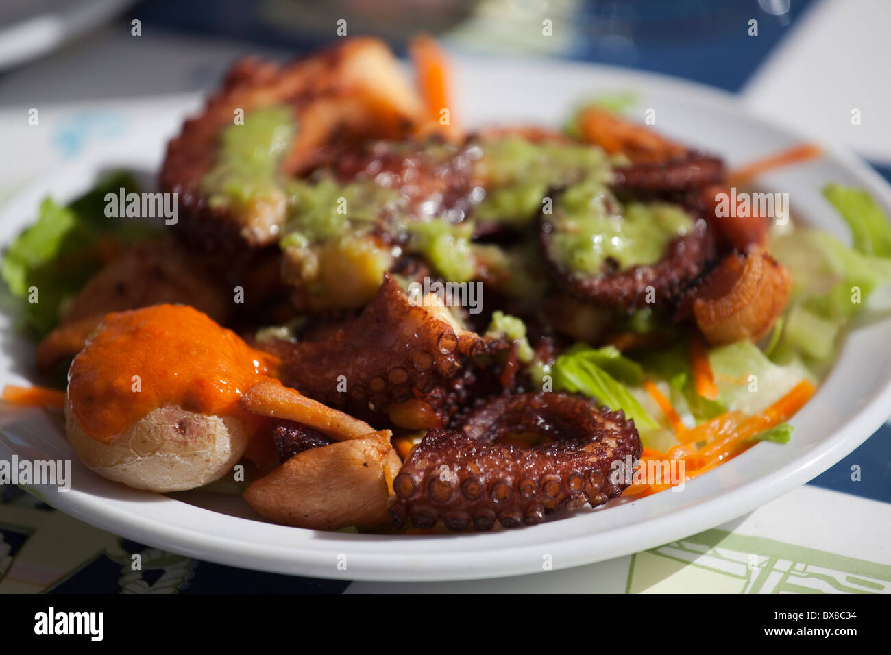 spain, canary islands, gran canaria, salad with seefruit and mojo rojo Stock Photo