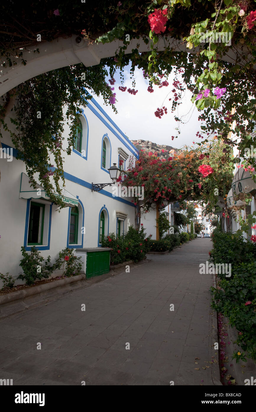 spain, canary islands, gran canaria, Mogan, old town, alley, flowers, facades Stock Photo