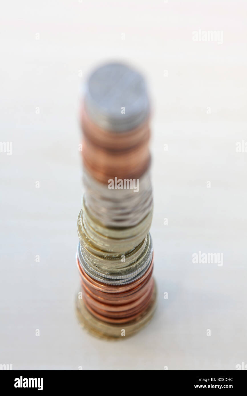 An aerial view of a stack of different denomination sterling coins Stock Photo