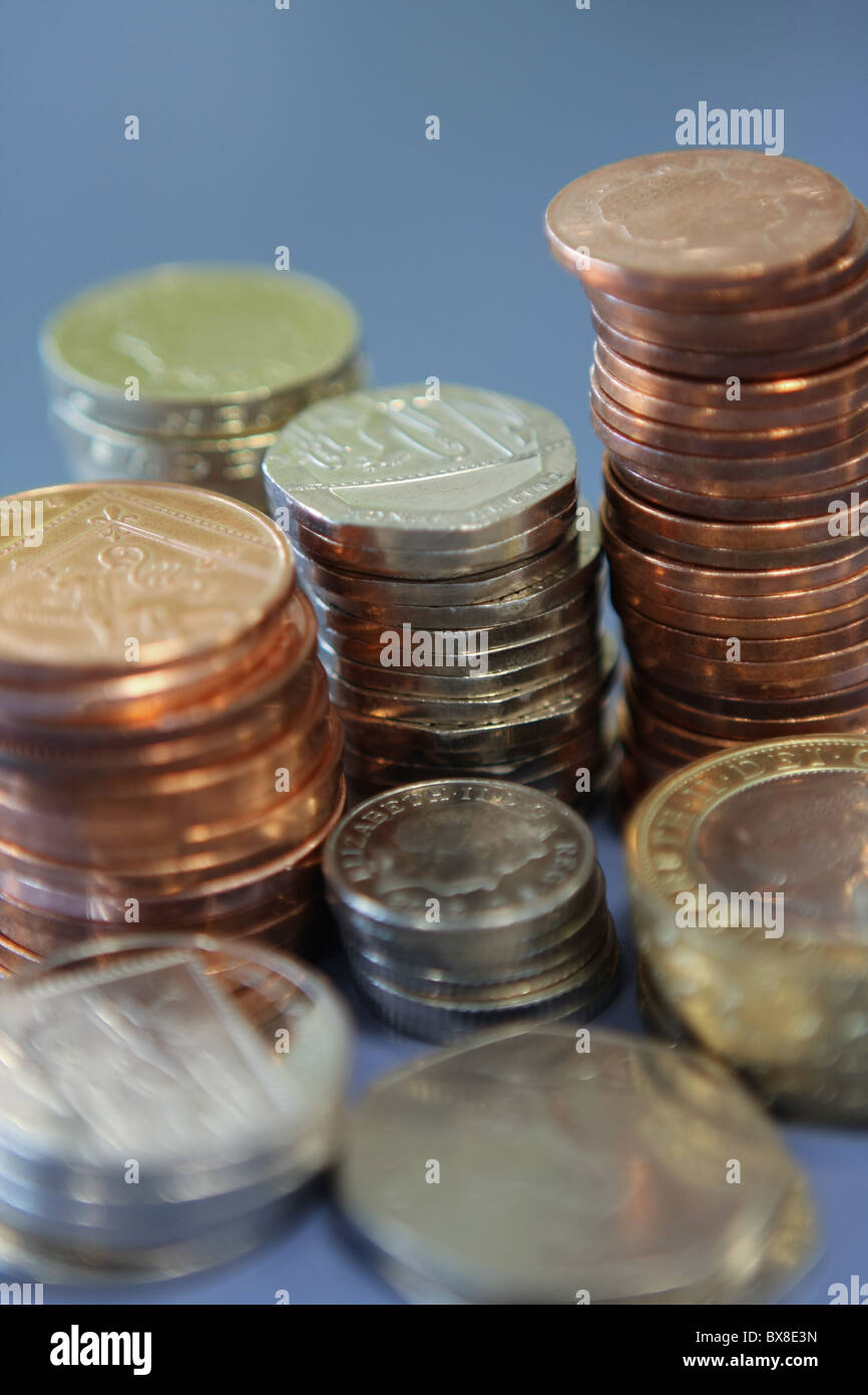 stacks of different denomination sterling coins Stock Photo