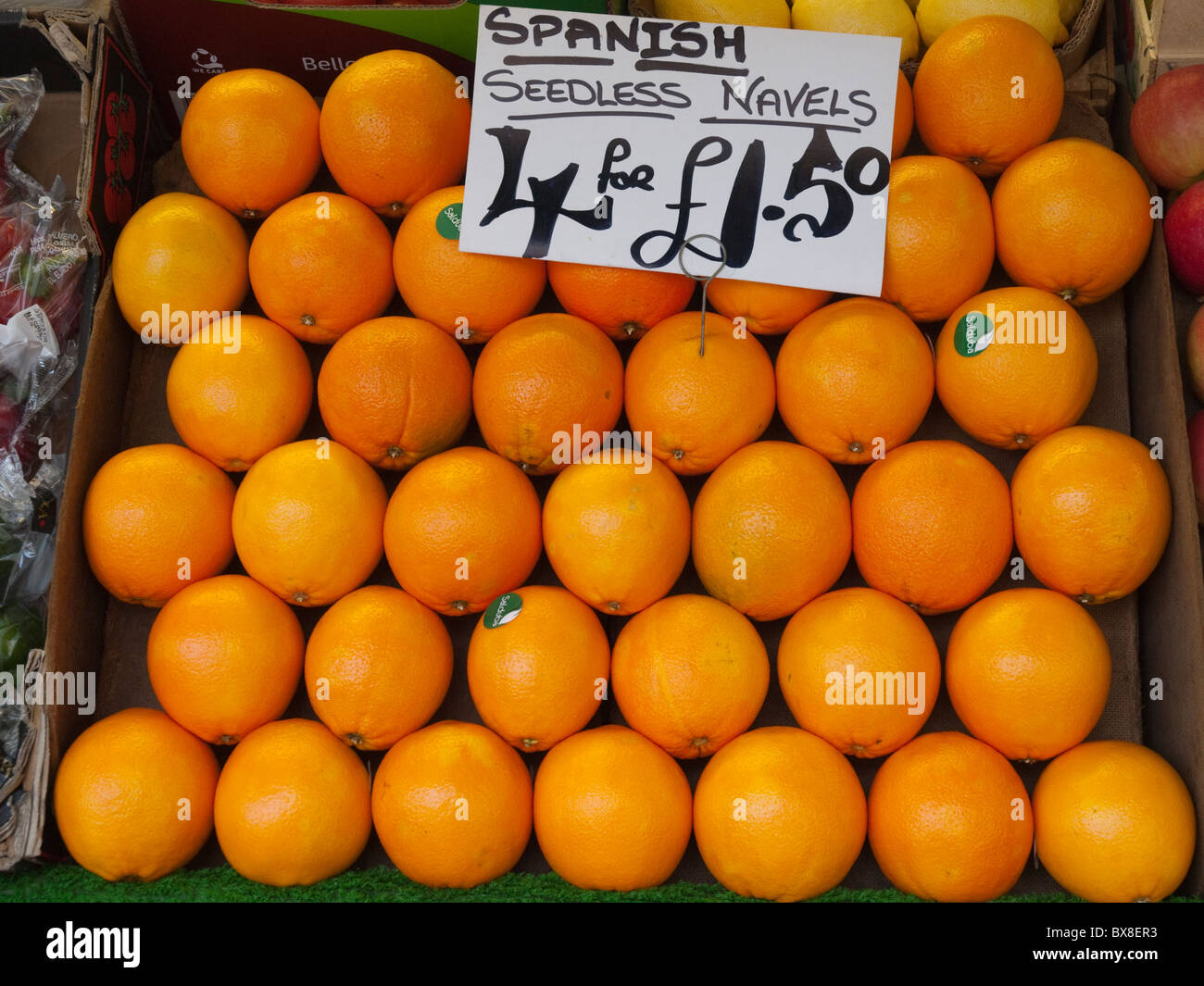 Close up of oranges for sale on Mansfield Market, Nottinghamshire