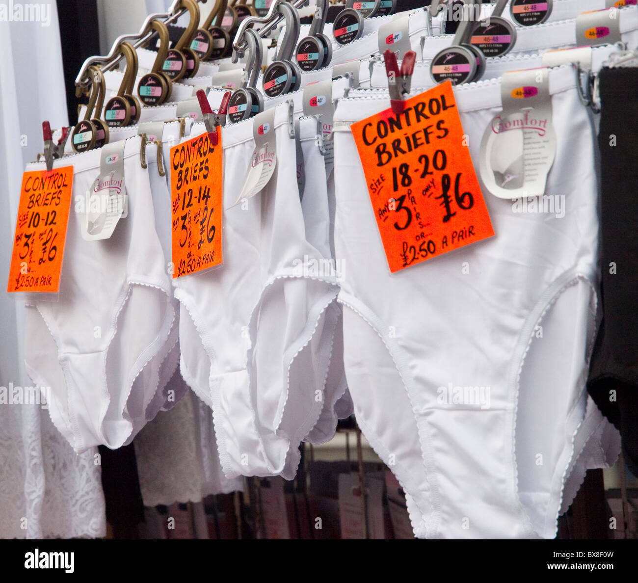 Control briefs for sale at Mansfield Market, Nottinghamshire England UK Stock Photo