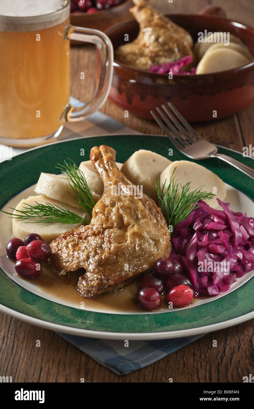Roast duck red cabbage and potato dumplings Czech Republic Stock Photo