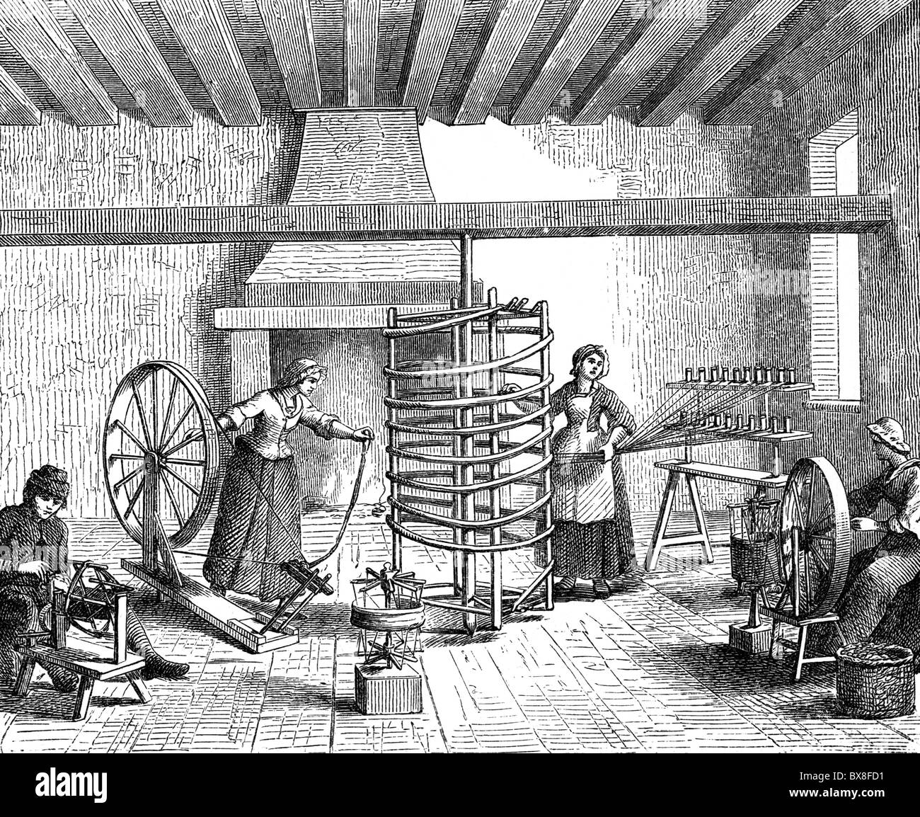 industry, textile, weaving mill, reeling and shearing, wood engraving