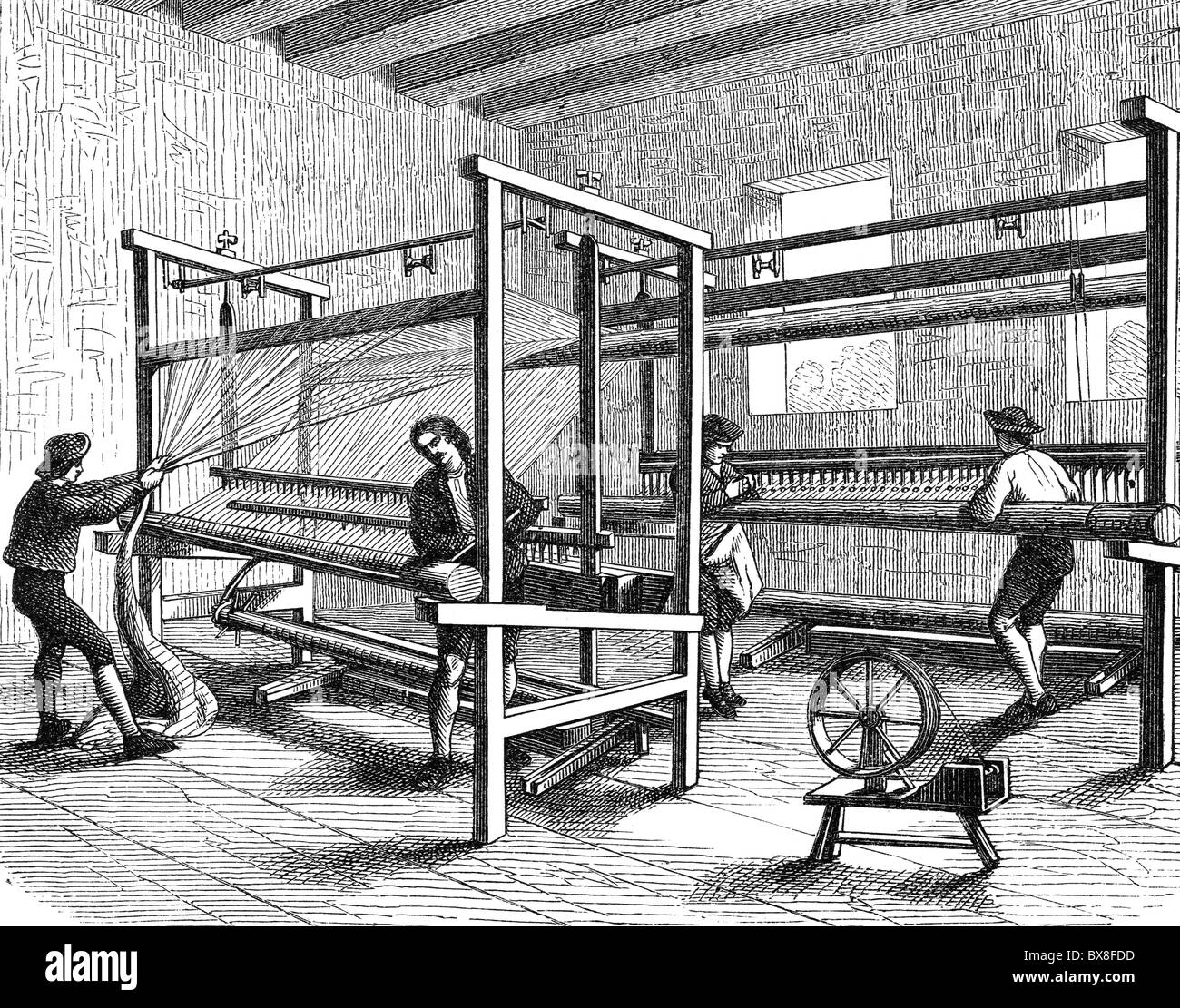 industry, textile, weaving mill, weaving looms, wood engraving, Germany