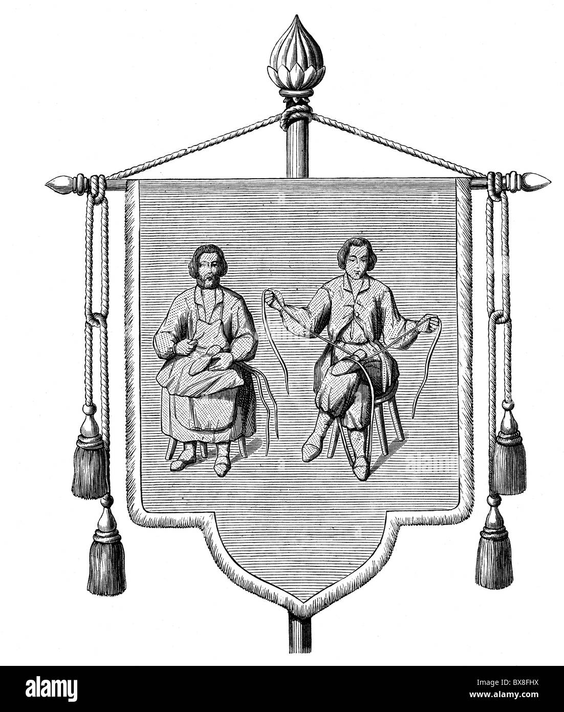 handcraft, guilds, guild sign of the shoemaker and shoemender of Issoudon, France, 17th century, wood engraving, 19th century, cobbler, banner, flag, shoes, coat of arms, heraldry, historic, historical, people, Additional-Rights-Clearences-Not Available Stock Photo