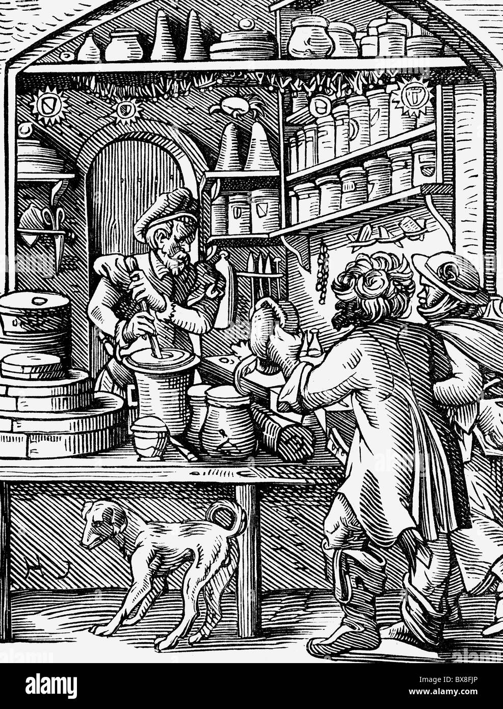 people, professions, dispensing chemist, woodcut, "Staendebuch" by Jost