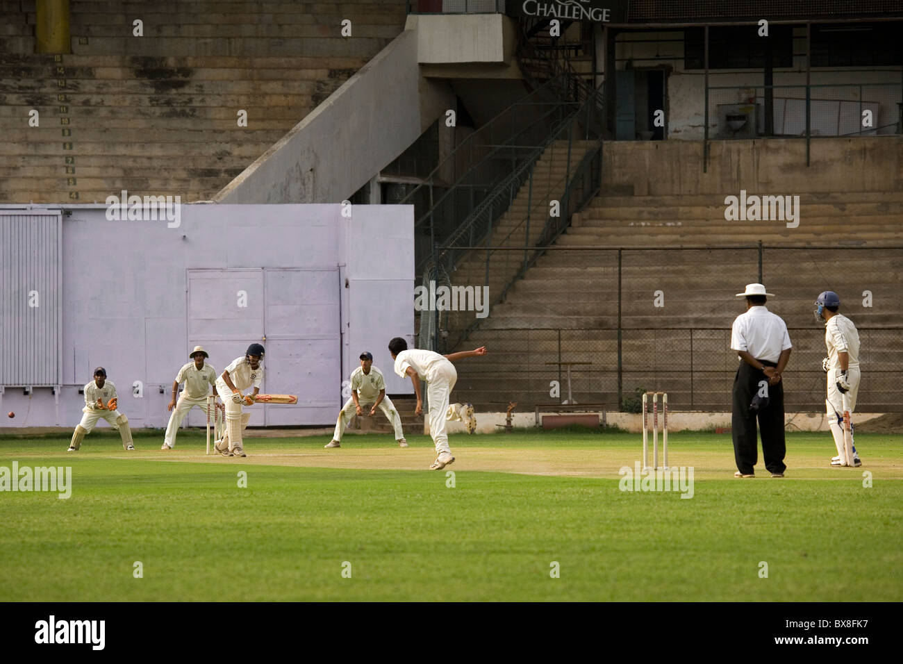 Talented Indian cricketers play in the Zonal tournament at the National Cricket Academy in Bengaluru, India. Stock Photo