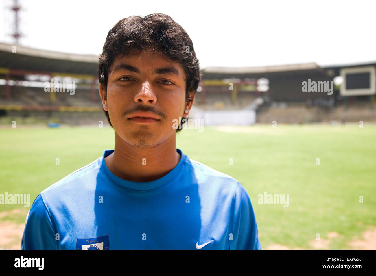 A talented Indian cricketer at the National Cricket Academy in Bengaluru, India. Stock Photo