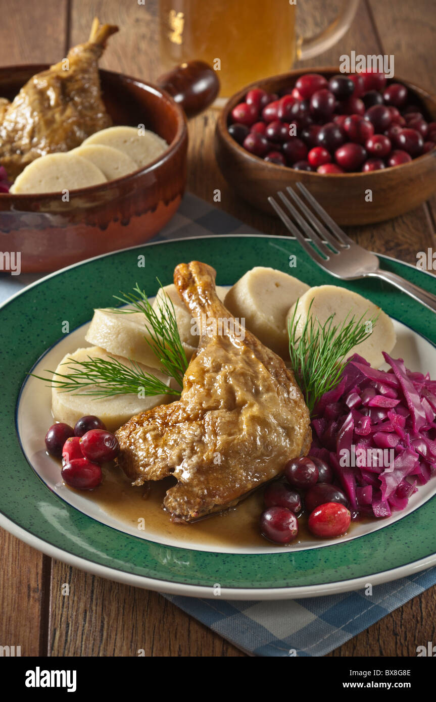 Roast duck red cabbage and potato dumplings Czech Republic Stock Photo