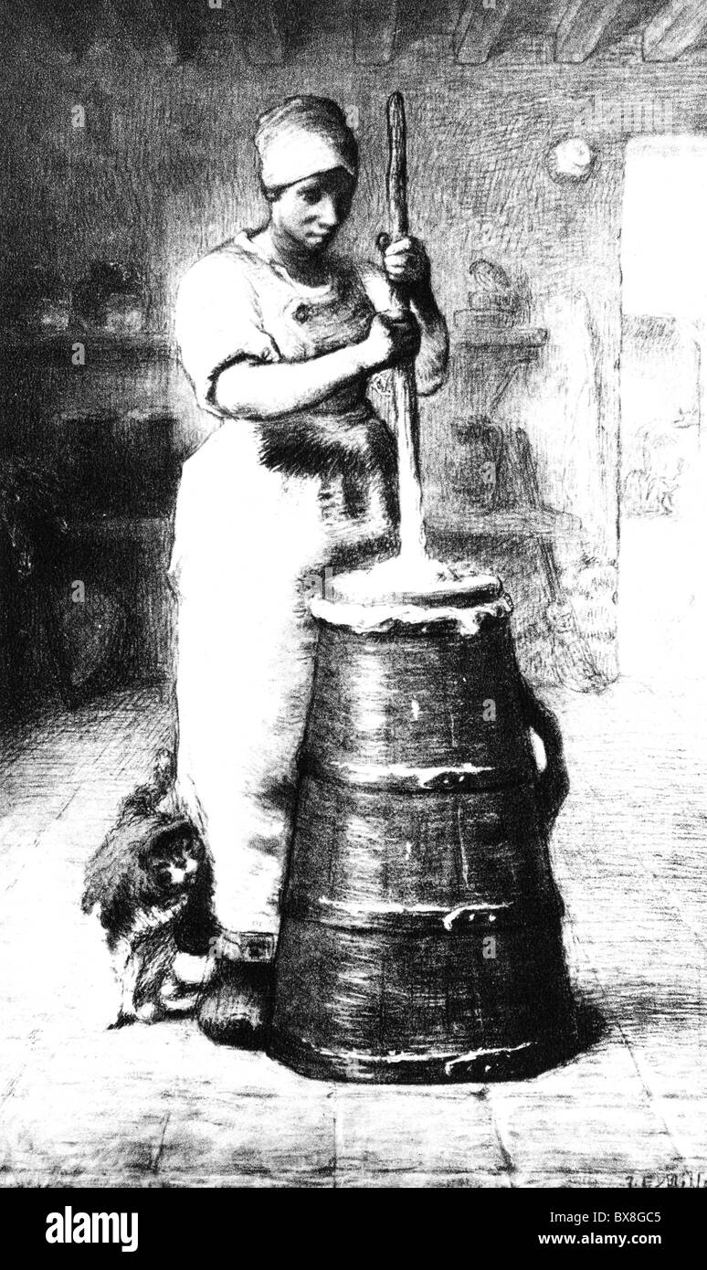 household, housework, churning, "Making Butter", etching by Jean-Francois Millet, 1855/1856, , Additional-Rights-Clearences-Not Available Stock Photo