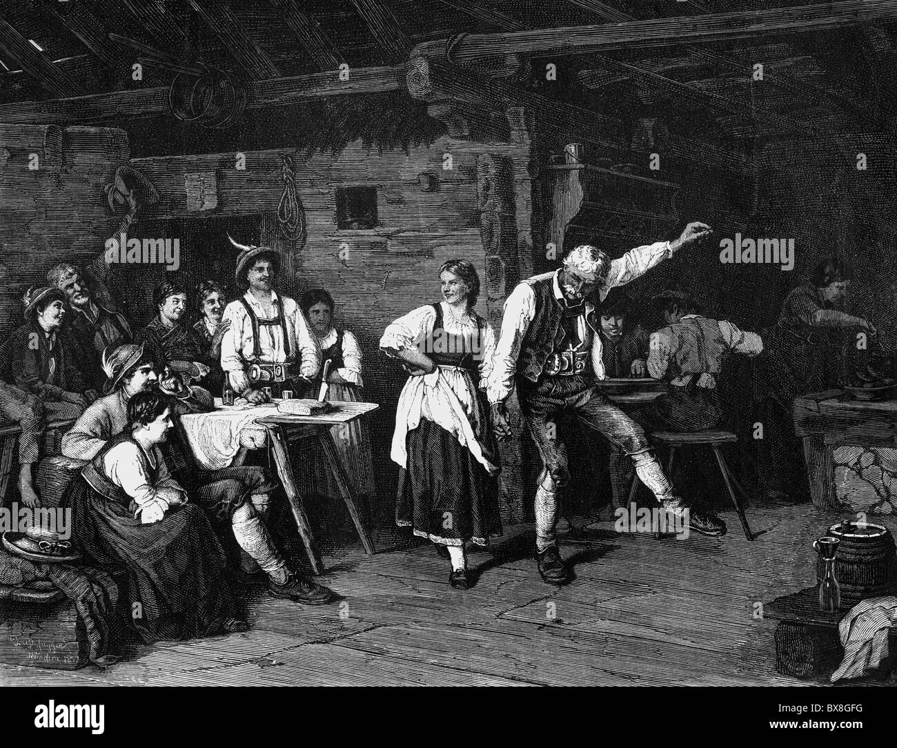 agriculture, alpine pasture, dancing in the hut, wood engraving after painting by Franz Defregger, 1890, Additional-Rights-Clearences-Not Available Stock Photo