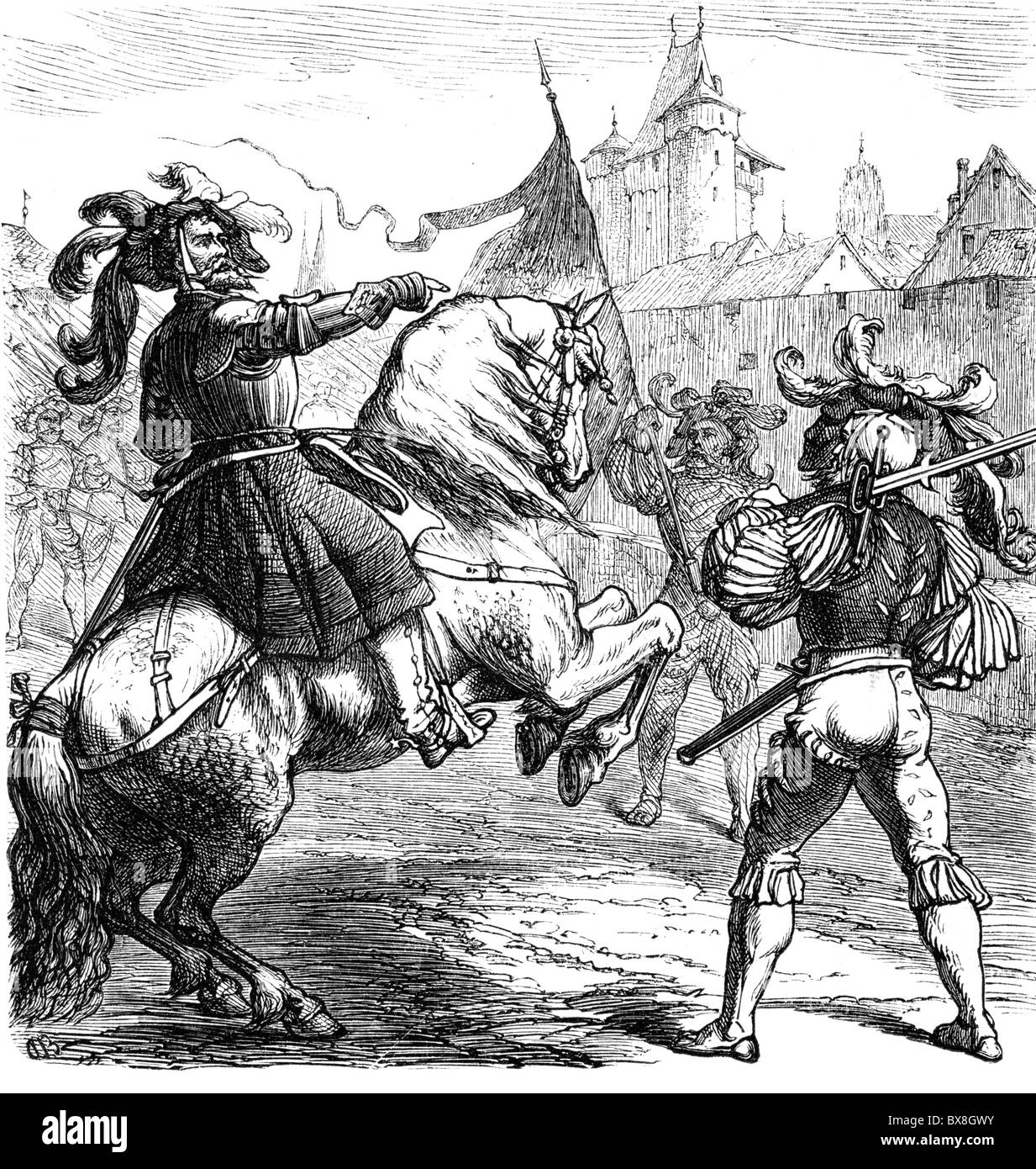 Frundsberg, Georg von, 24.9.1473 - 30.8.1528, German landsknecht leader, full length, on horseback, with landsknechts, wood engraving, 19th century, Stock Photo