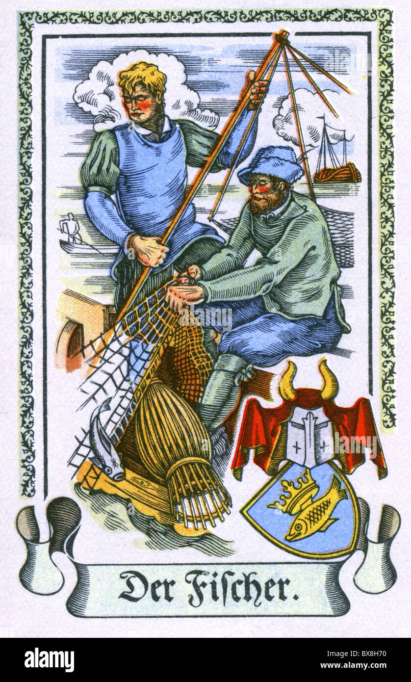 people, professions, fisherman, circa 1575, colour print, cigarette card, Tengelmann, Muehlheim/Ruhr, 1934, , Additional-Rights-Clearences-Not Available Stock Photo