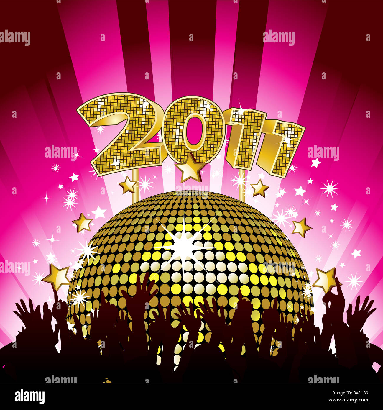 New Year party background with crowd cheering in front of gold disco
