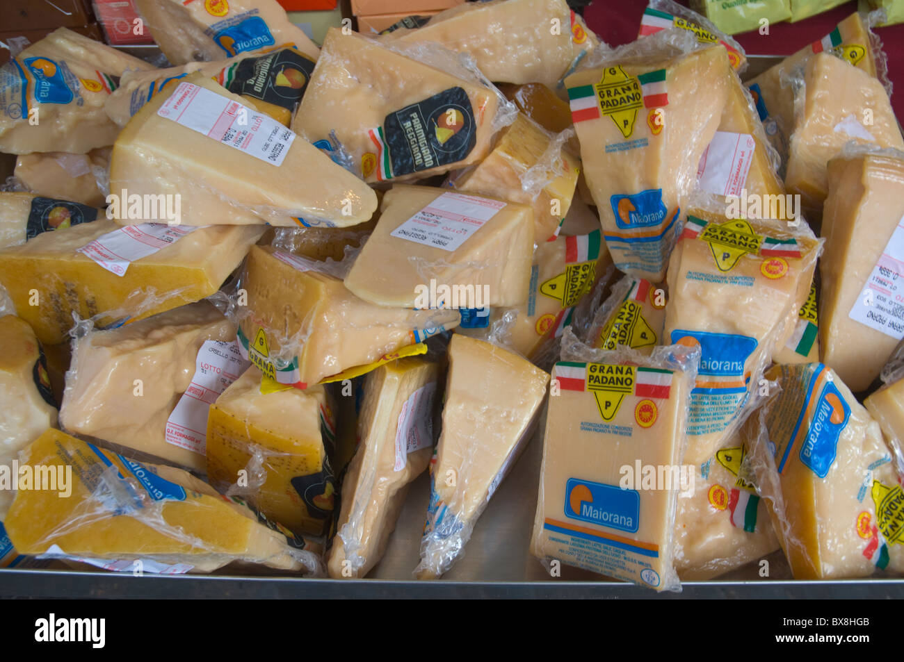 Vacuum packed Grana Panado Parmesan cheese at Campo de Fiori market centro storico central Rome Italy Europe Stock Photo