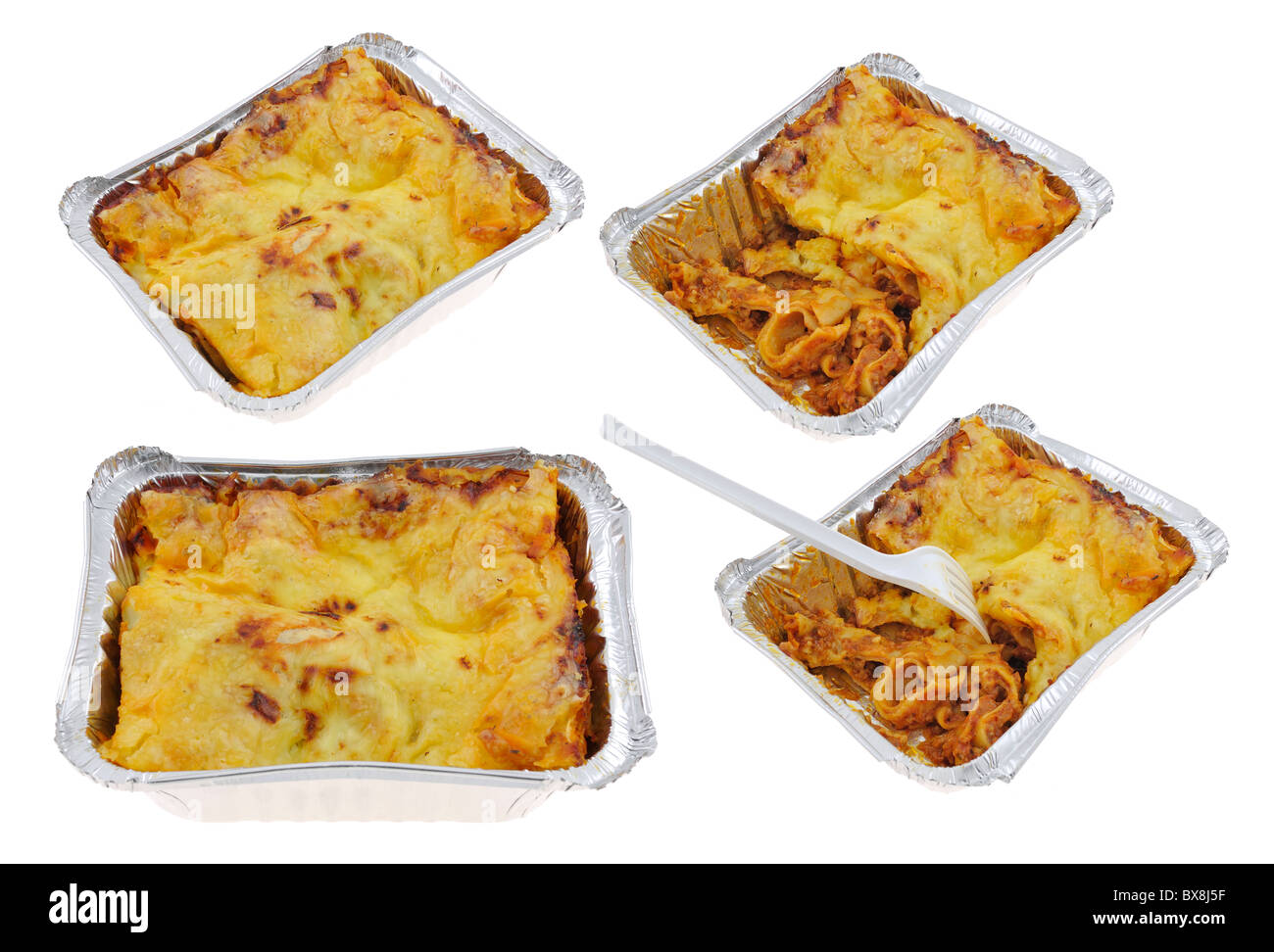 Set photos of Lasagna Bolognese in aluminum catering plate isolated on white background Stock Photo