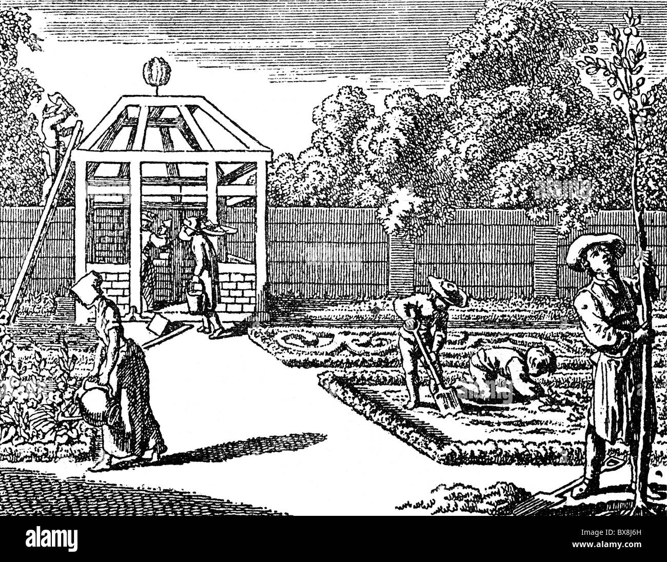 agriculture, horticulture, garden labour and construction of a summerhouse, copper engraving by Daniel Chodowiecki to 'Elementarwerk' of Johann Bernhard Basedow, 1774, , Artist's Copyright has not to be cleared Stock Photo
