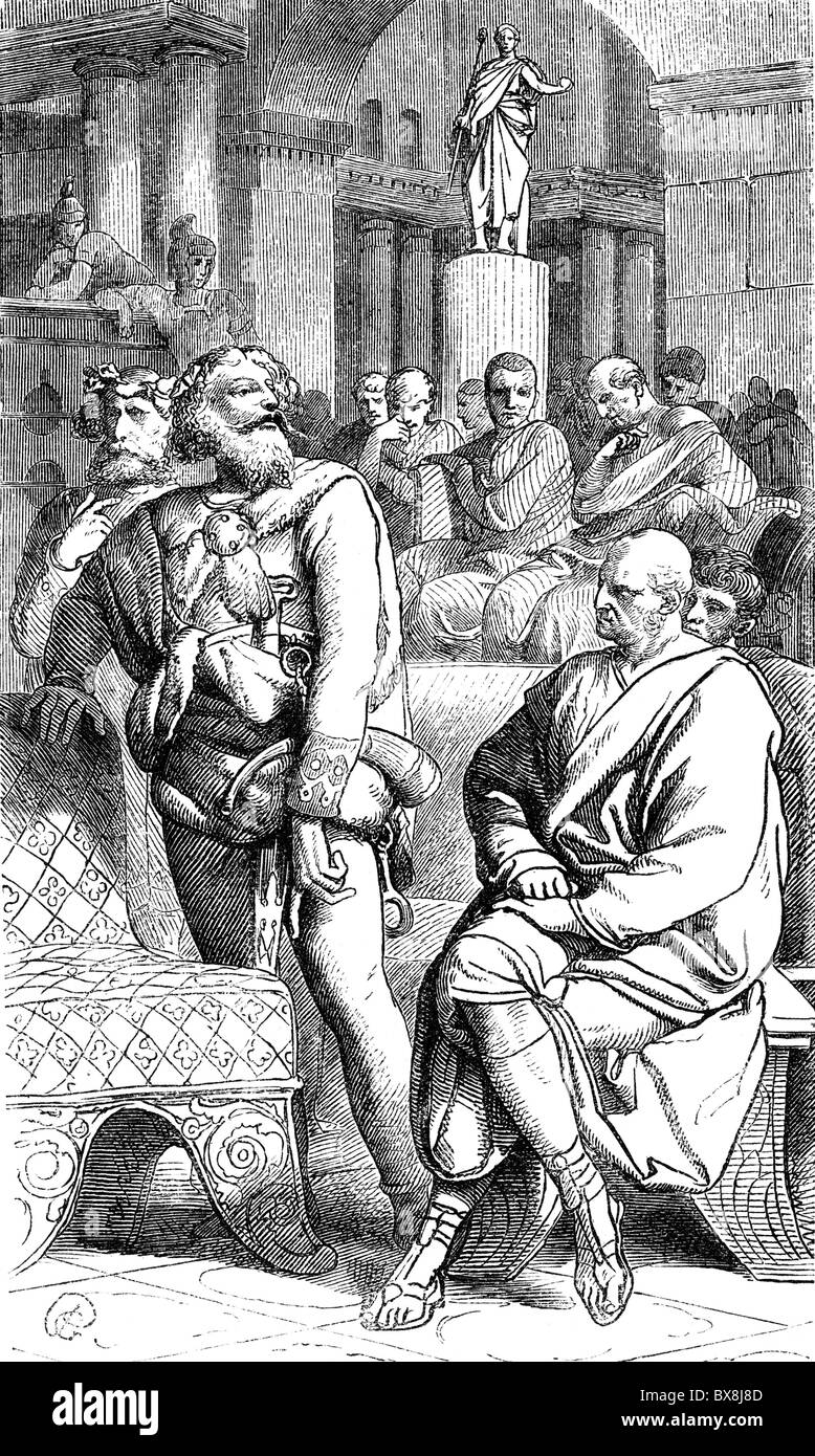 ancient world, Roman Empire, politics, the Frisian envoys Malorix and Verritus before the Roman Senate at Pompey's Theatre in Rome, 58 AD, wood engraving, 19th century, romans, senators, Germanics, Frisians, 1st century, historic, historical, antiquity, ancient world, people, Additional-Rights-Clearences-Not Available Stock Photo