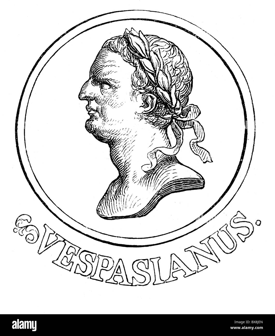 Vespasian (Titus Flavius Vespasianus), 17.11.9 - 24.6.79, Roman Emperor  22.12.69 - 24.6.79, portrait, wood engraving, 19th century, , Stock Photo