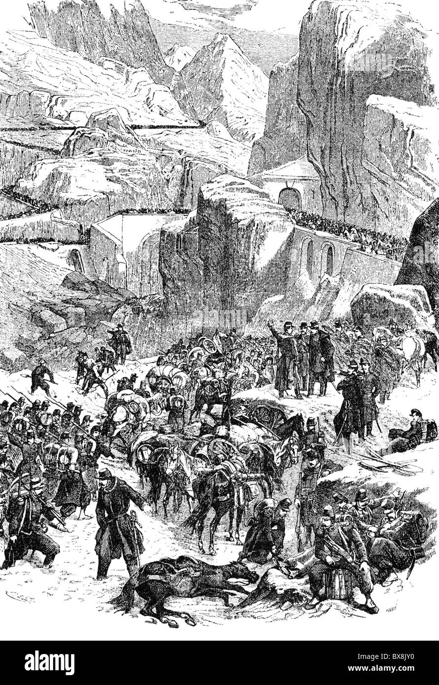 events, Austro-Sardinian War 1859, the French crossing the Mont Cenis, May 1859, wood engraving, 1859, France, Italy, Italian Independence, risorgimento, alp, mountains, gap, soldiers, column, Austro - Sardinian, historic, historical, 19th century, people, Additional-Rights-Clearences-Not Available Stock Photo