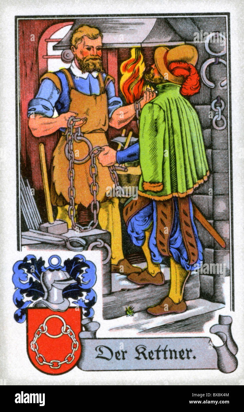 people, professions, chainsmith, circa 1575, colour print, cigarette card, Tengelmann, Muehlheim/Ruhr, 1934, , Additional-Rights-Clearences-Not Available Stock Photo