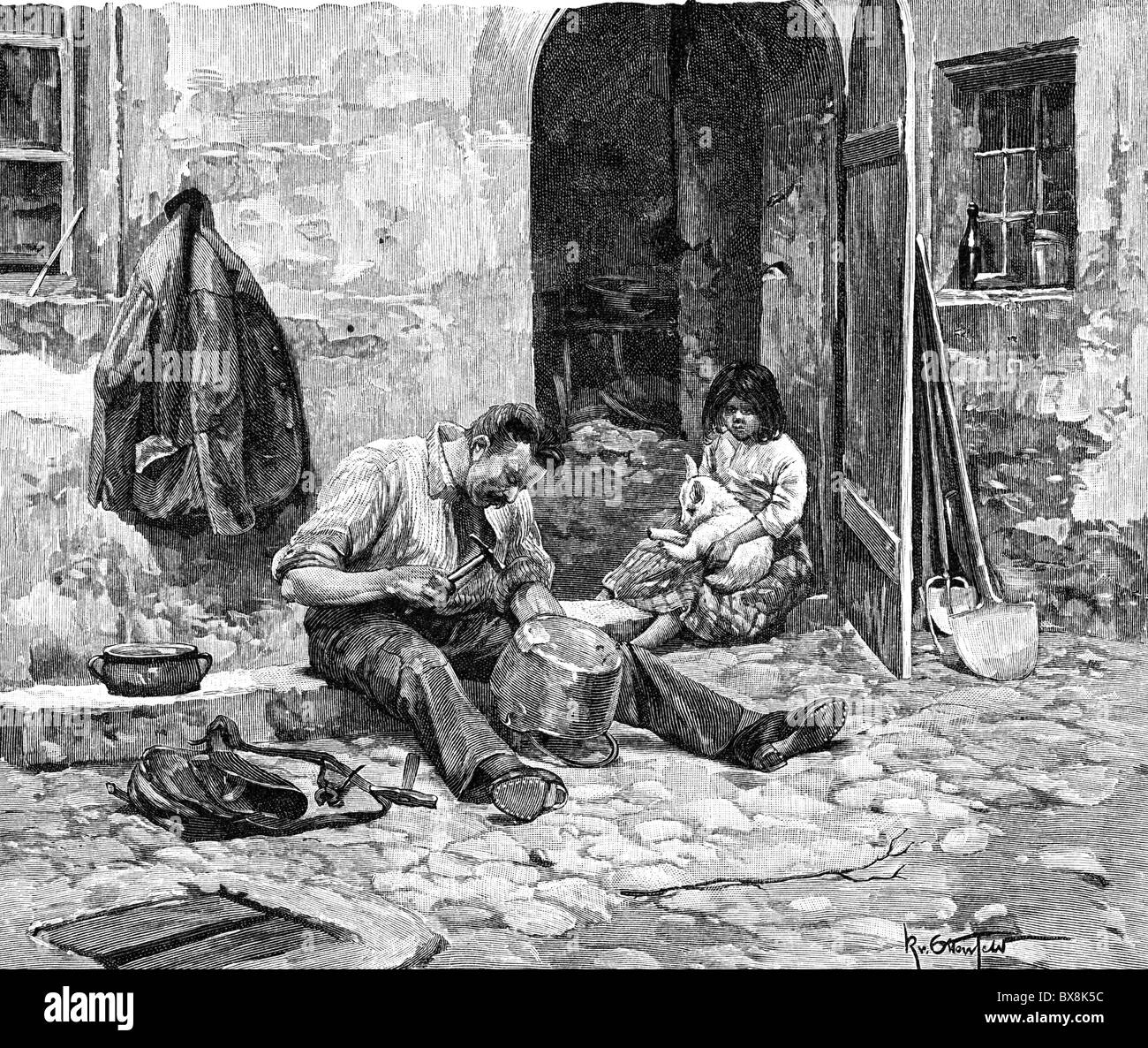 people, professions, tinker, working, Val die Sole, Trentino, wood engraving, 2nd half 19th century, tinsmith, work, working, craftsman, handcraft, Italy, Austria-Hungary, Austria, cisleithania, Austro-Hungarian Empire, Austro Hungarian, historic, historical, Additional-Rights-Clearences-Not Available Stock Photo
