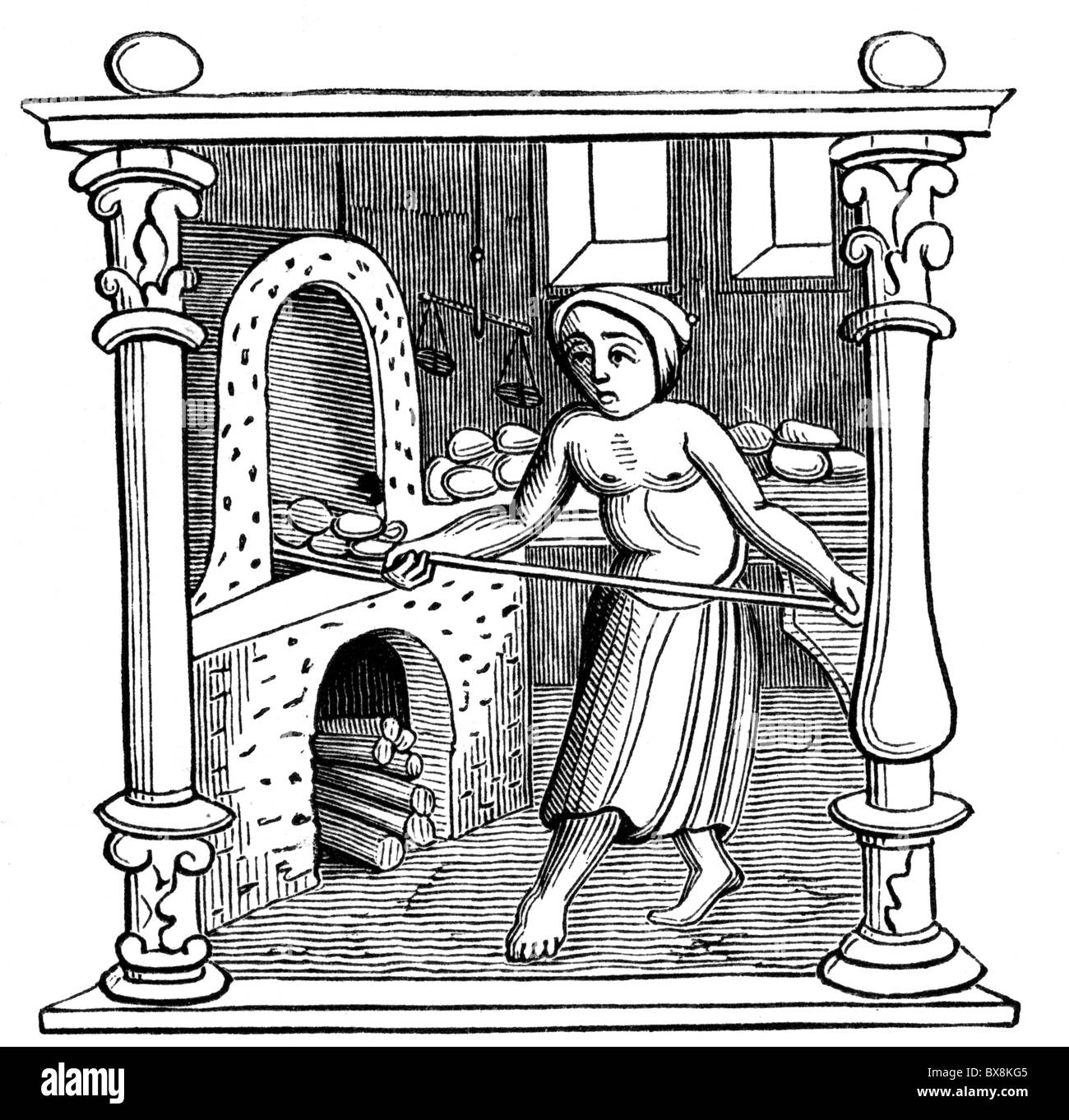 food, bread, farmwoman baking bread, after miniature, France, 16th
