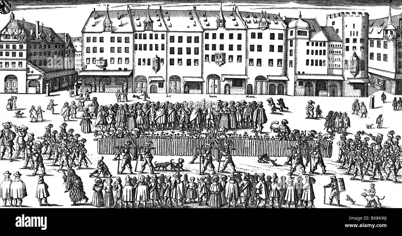 handcraft, guildes, procession of the butchers with a 658 ell long sausage, Nuremberg, 8./9.2.1658, Artist's Copyright has not to be cleared Stock Photo