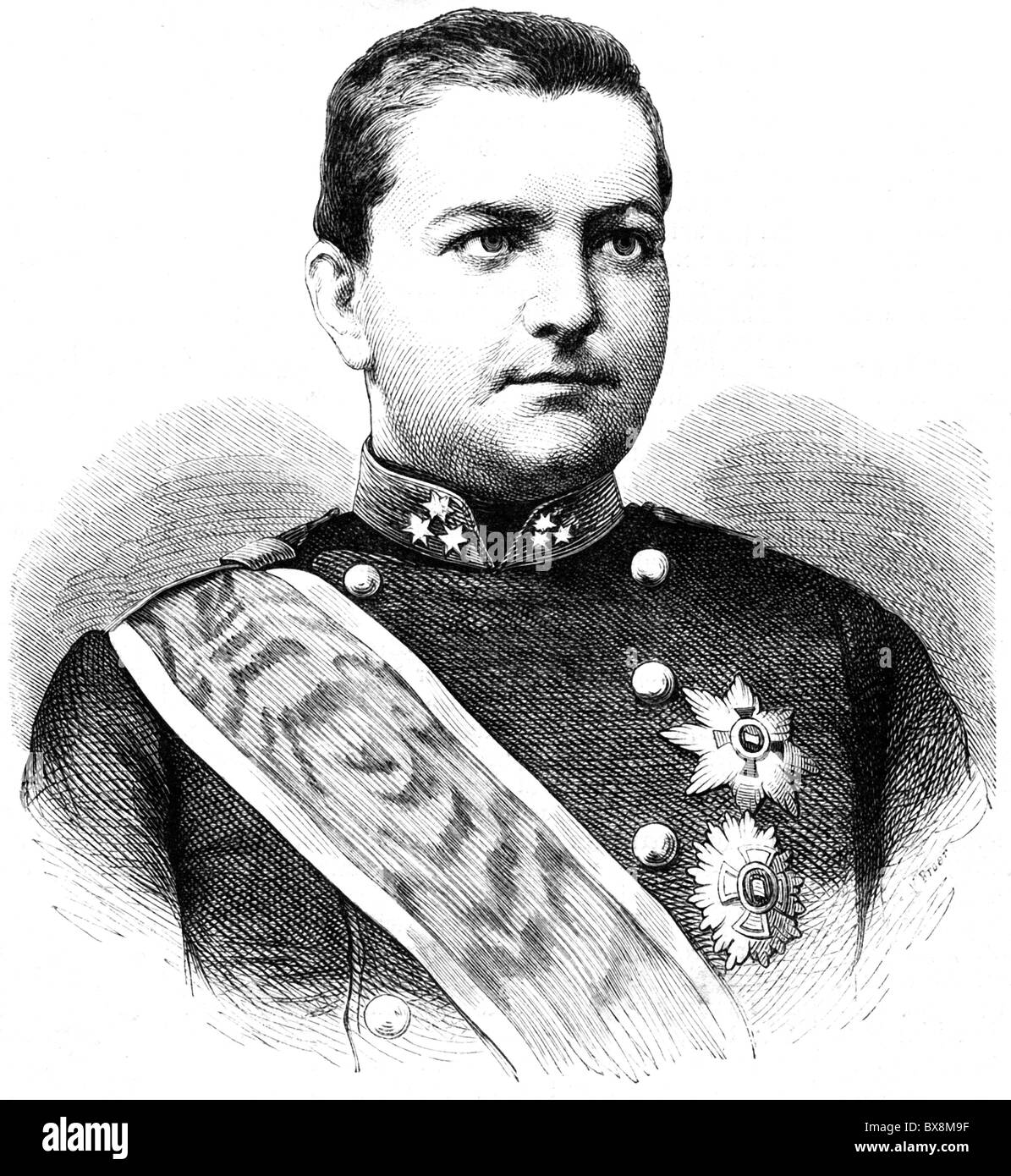 Milan I, 22.8.1854 - 11.2.1901, King of Serbia 1882 - 1889, portrait, wood engraving, circa 1870s, Stock Photo