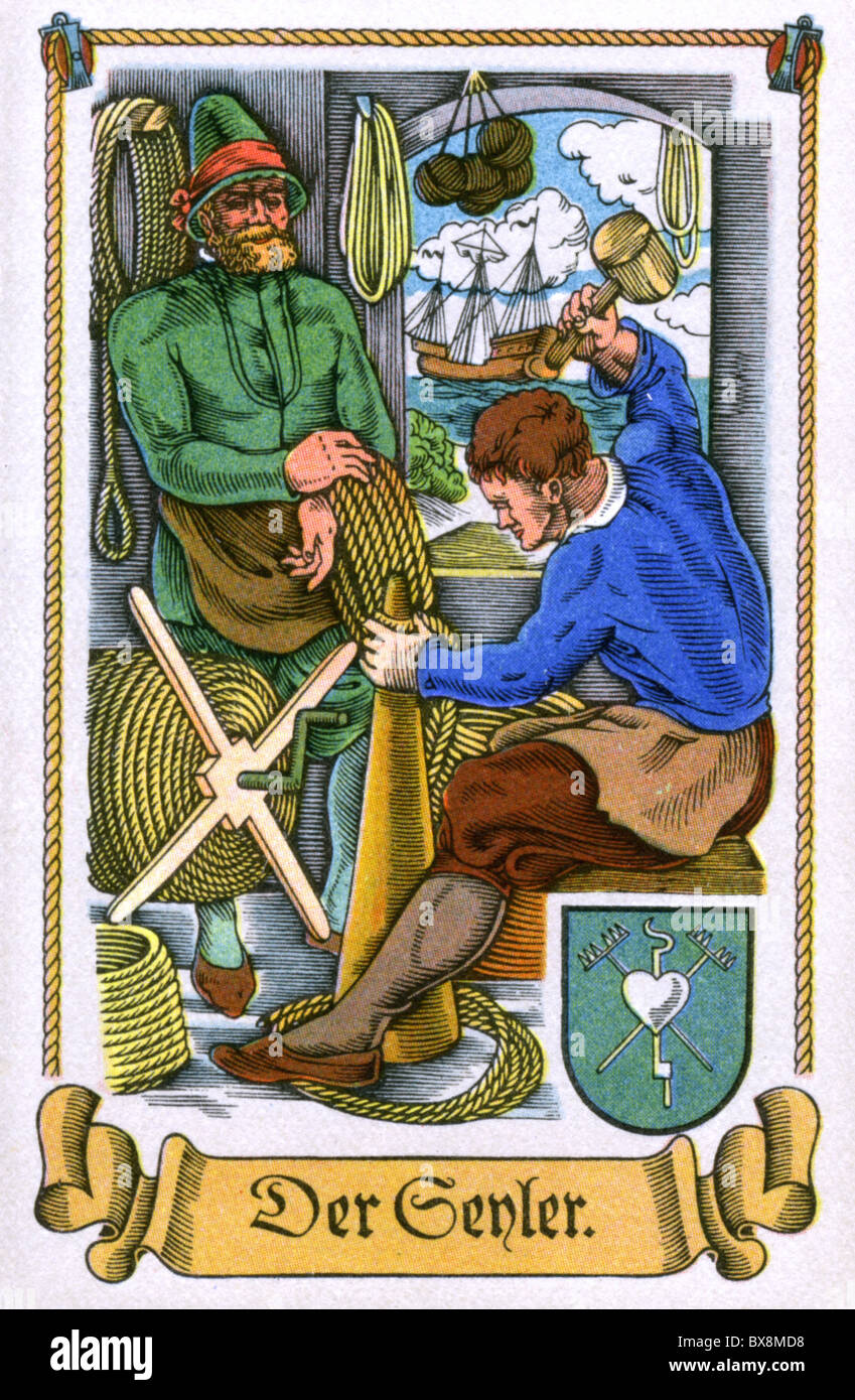 people, professions, ropemaker, circa 1575, colour print, cigarette card, Tengelmann, Muehlheim/Ruhr, 1934, , Additional-Rights-Clearences-Not Available Stock Photo