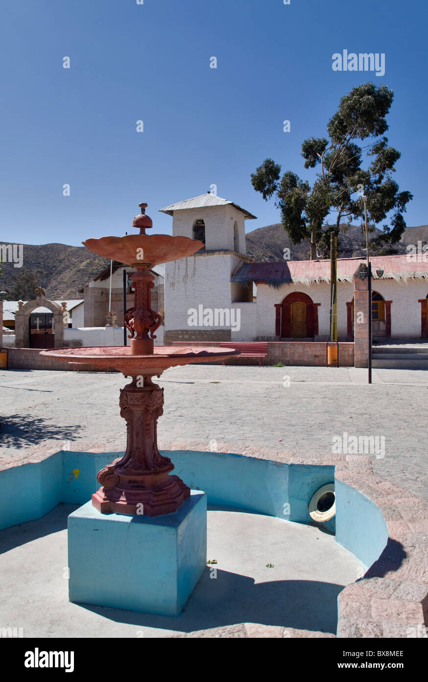Church and town square at Putre, Chile Stock Photo